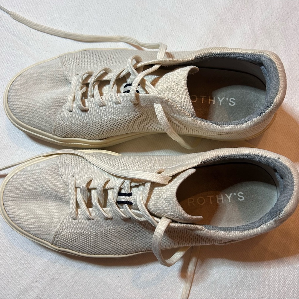 Rothy's RS02 Unisex Lace-Up Sneakers Men 9 Women 10.5 Beige Knit Mesh Comfort - Picture 2 of 8